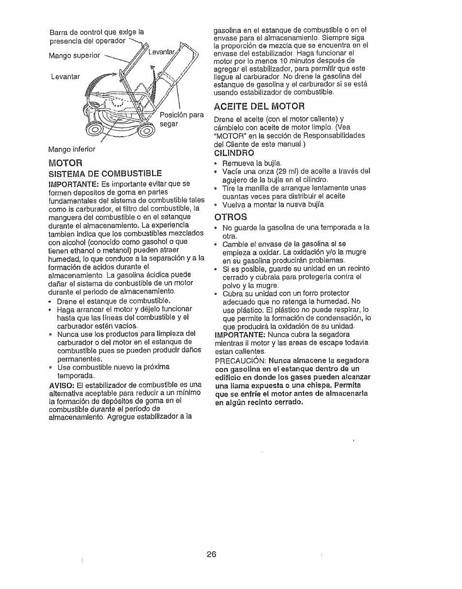 Motor, Aceíte del motor, Otros | Sears EZ3 917.387023 User Manual | Page 26 / 36