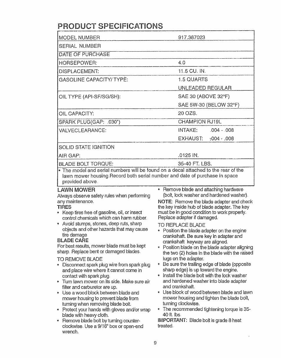 Lawn mower, Specifications, Product | Sears EZ3 917.387023 User Manual | Page 9 / 36