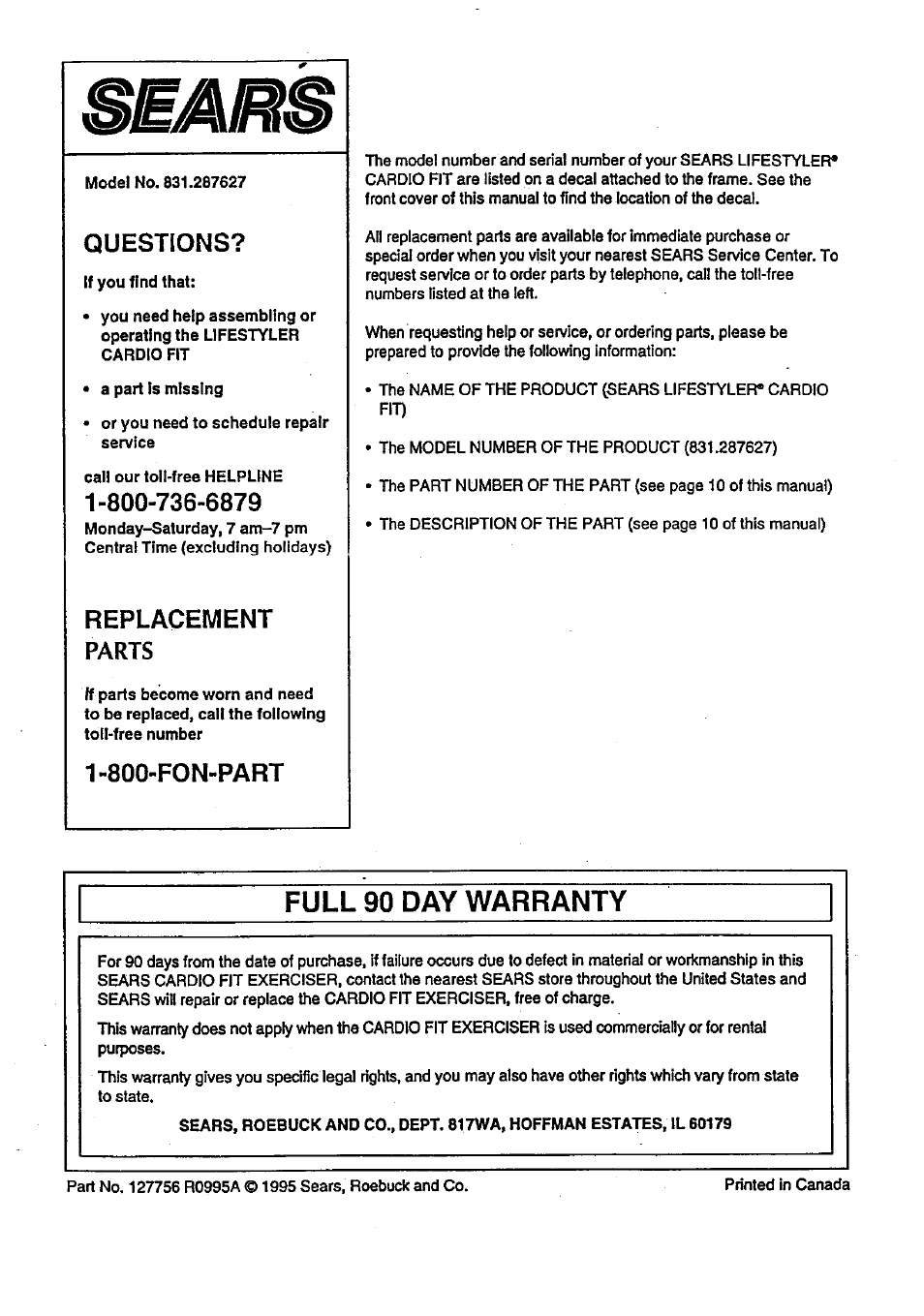 Parts, Full 90 day warranty | Sears 831.287627 User Manual | Page 12 / 12