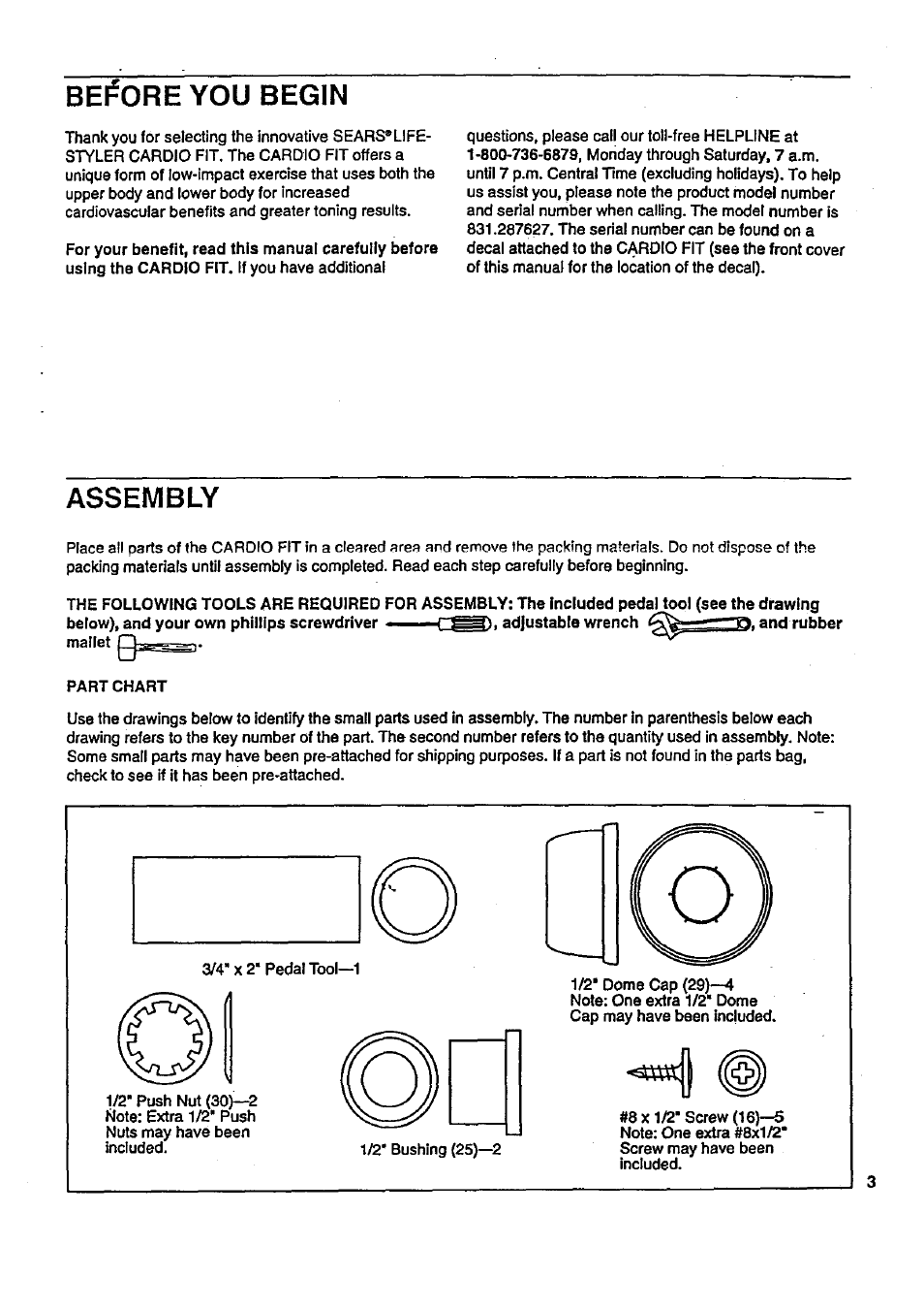 Before you begin, Assembly | Sears 831.287627 User Manual | Page 3 / 12