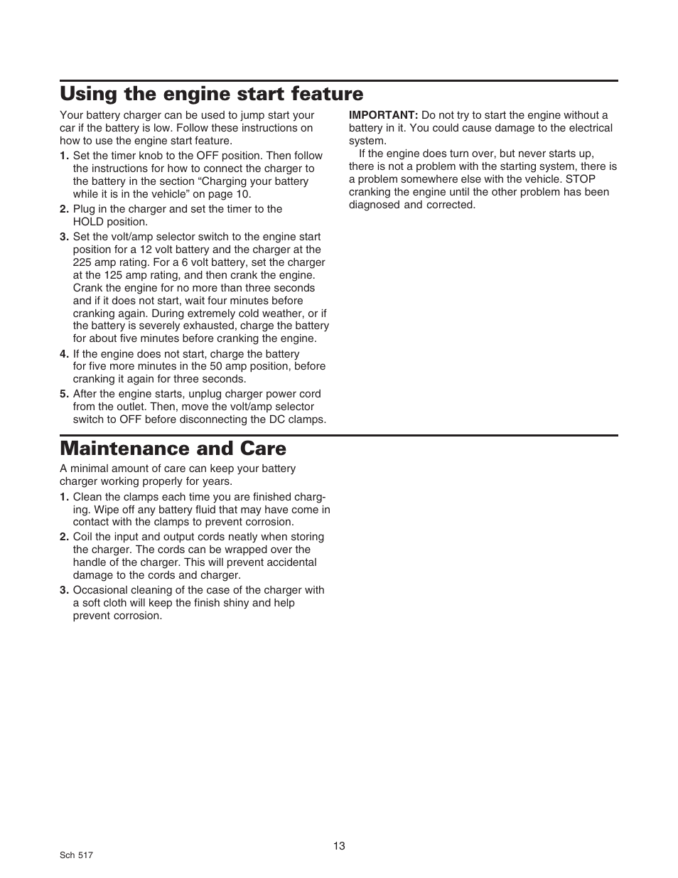 Using the engine start feature, Maintenance and care | Sears 200.71450 User Manual | Page 14 / 16