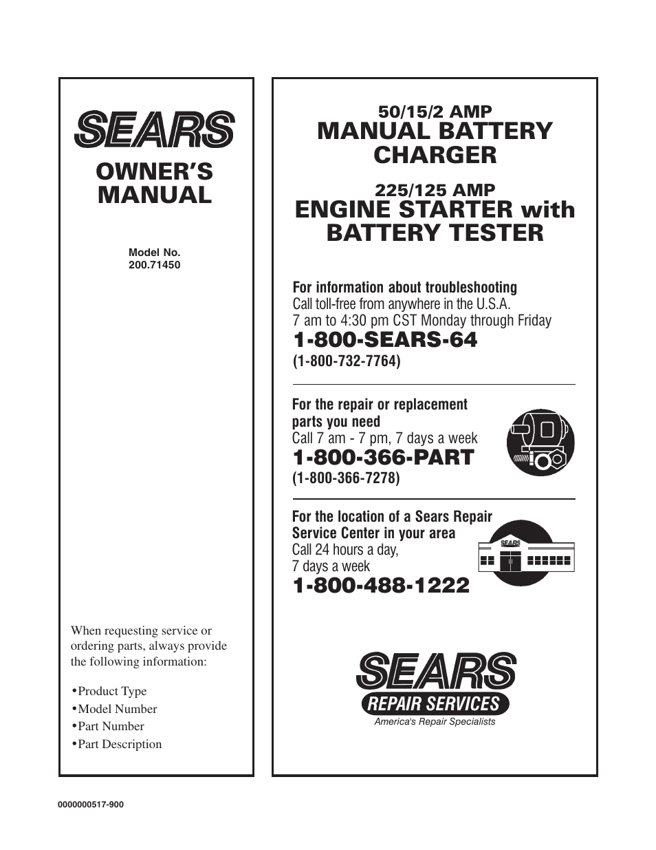 Owner’s manual, Manual battery charger, Engine starter with battery tester | Sears 200.71450 User Manual | Page 16 / 16