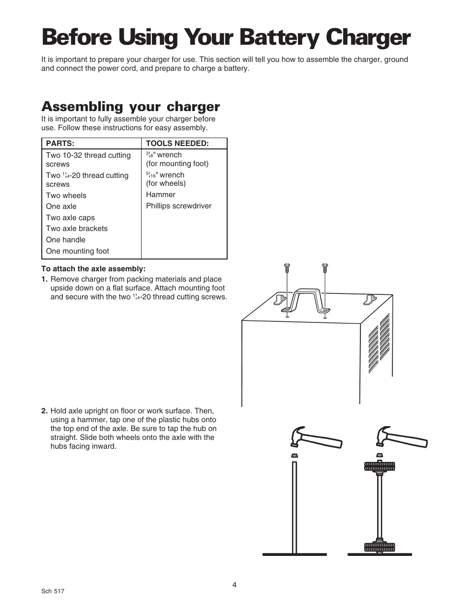Before using your battery charger, Assembling your charger | Sears 200.71450 User Manual | Page 5 / 16