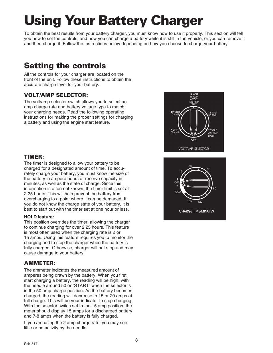 Using your battery charger, Setting the controls | Sears 200.71450 User Manual | Page 9 / 16