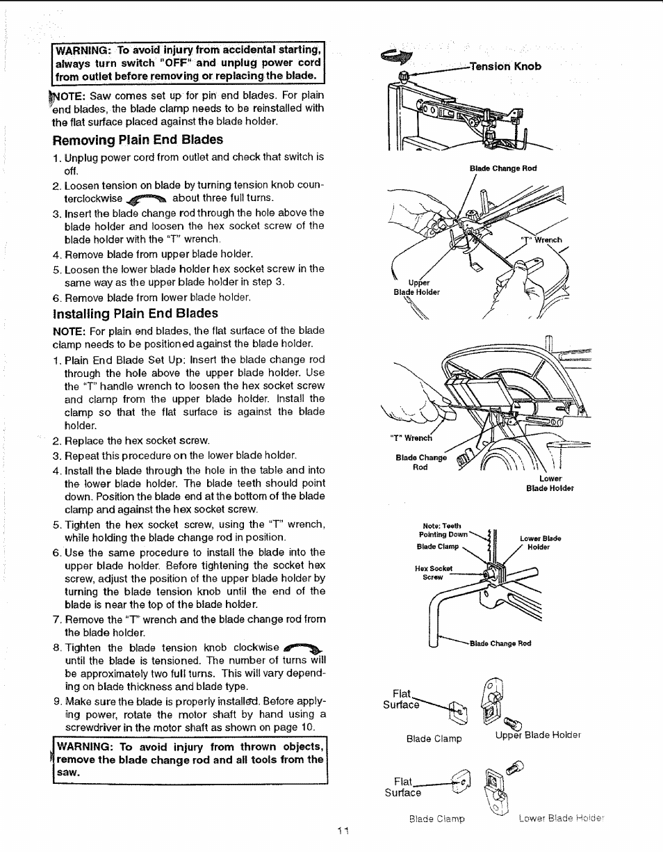 Removing plain end blades, Installing plain end blades | Sears 113.23615 User Manual | Page 11 / 28