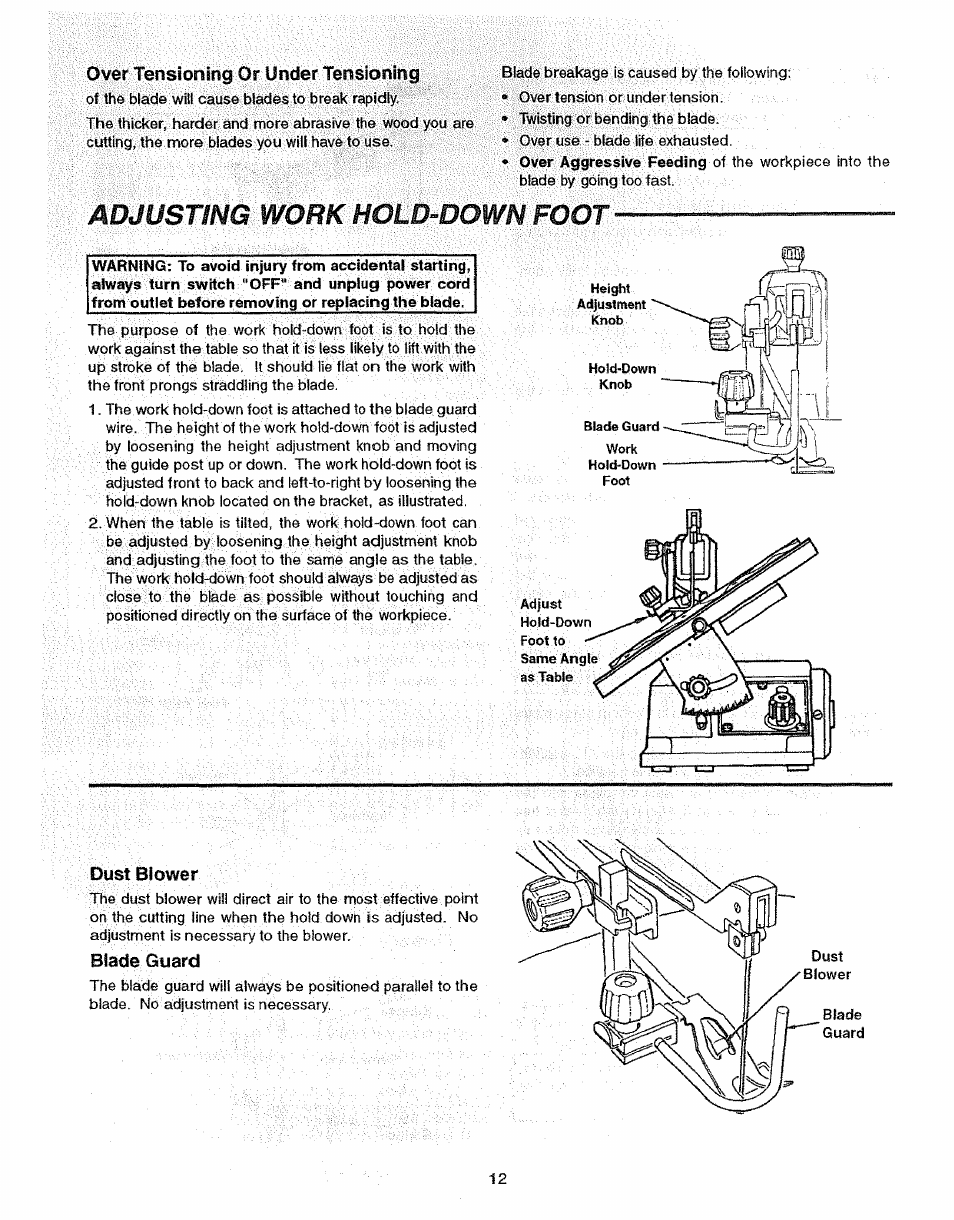 Over tensioning or under tensioning, Dust blower, Blade guard | Adjusting work hold-down foot | Sears 113.23615 User Manual | Page 12 / 28