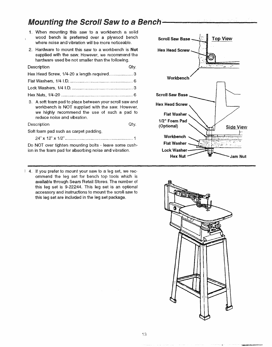 Mounting the scroll saw to a bench | Sears 113.23615 User Manual | Page 13 / 28