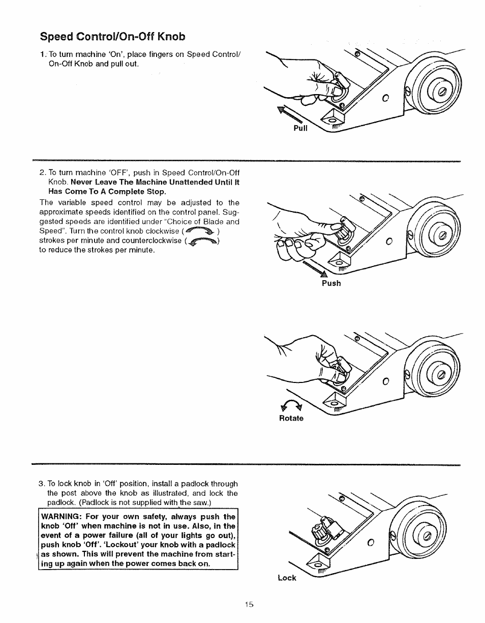 Speed contro!/0n-0ff knob | Sears 113.23615 User Manual | Page 15 / 28