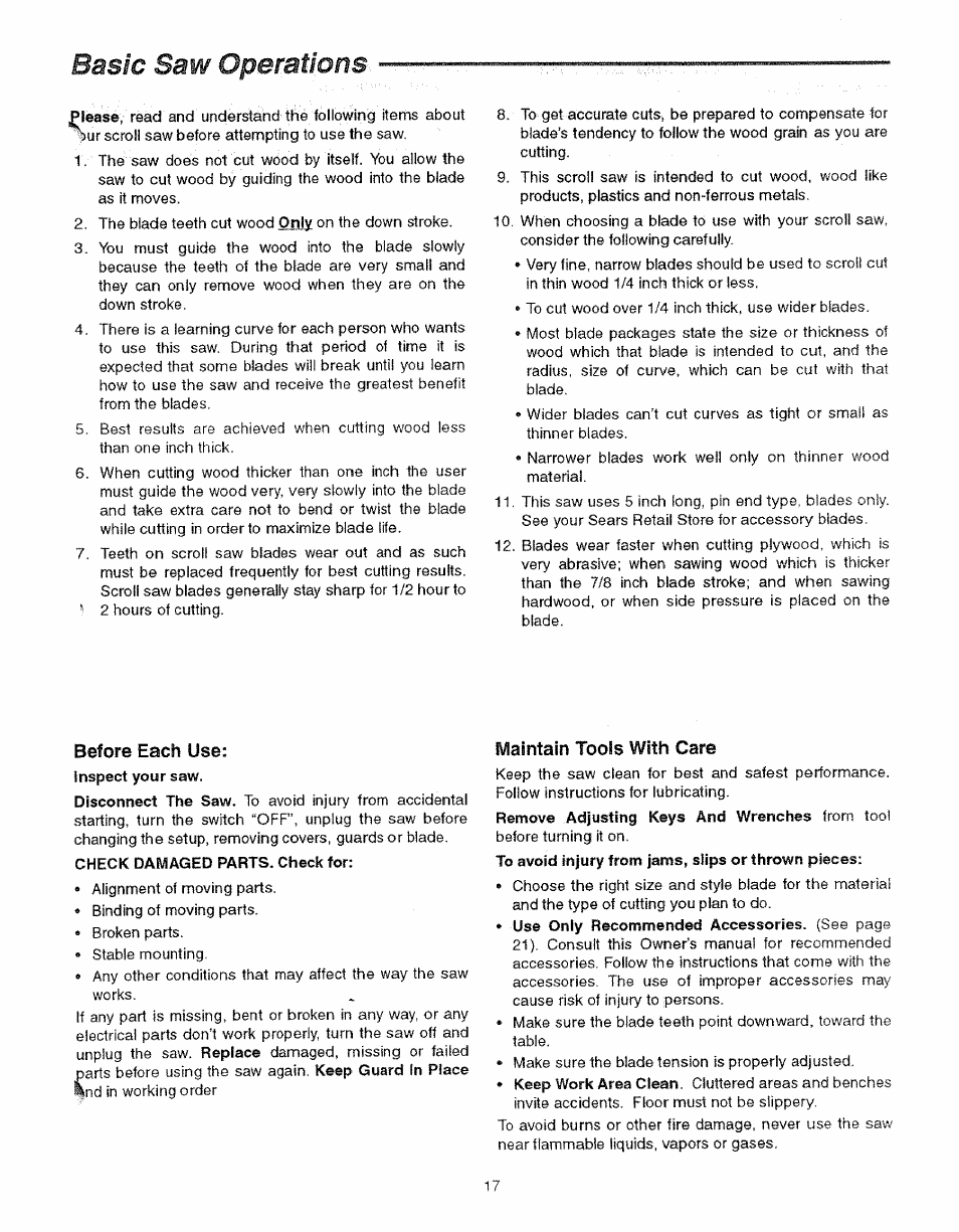 Before each use, Maintain tools with care, Basic saw operations | Sears 113.23615 User Manual | Page 17 / 28