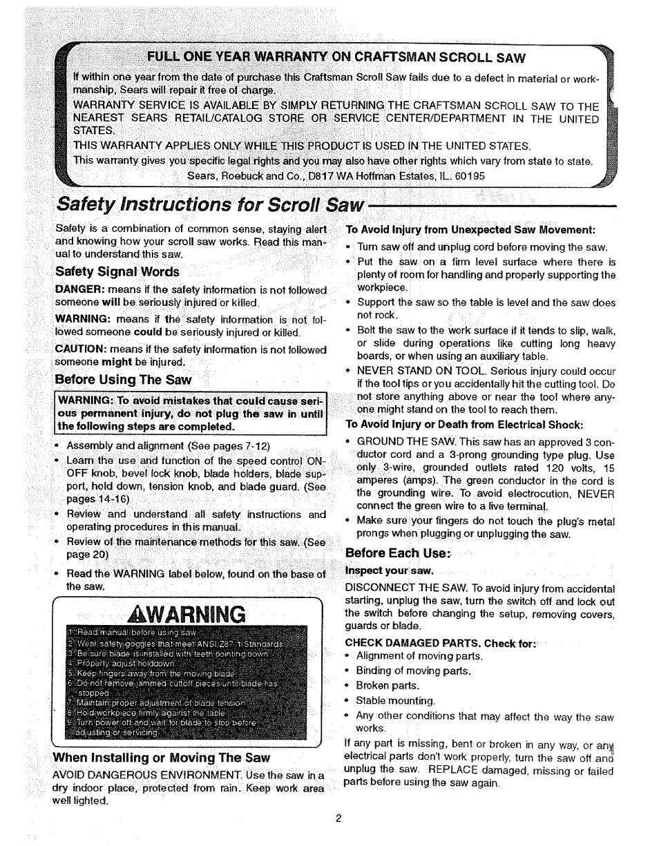 Safety signal, Before using the saw, When instaiiing or moving the saw | Before each use, Safety instructions for scroll saw, Awarning | Sears 113.23615 User Manual | Page 2 / 28