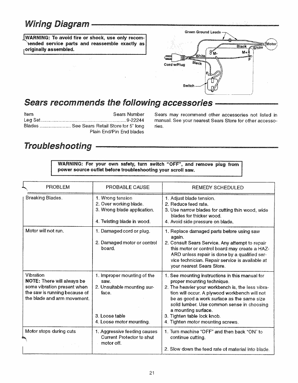 Troubleshooting, Wiring diagram, Sears recommends the fotlowing accessories | Sears 113.23615 User Manual | Page 21 / 28