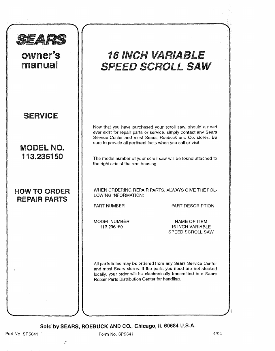 Service, Model no. 113.236150, How to order repair parts | 16 inch variable speed scroll saw | Sears 113.23615 User Manual | Page 28 / 28