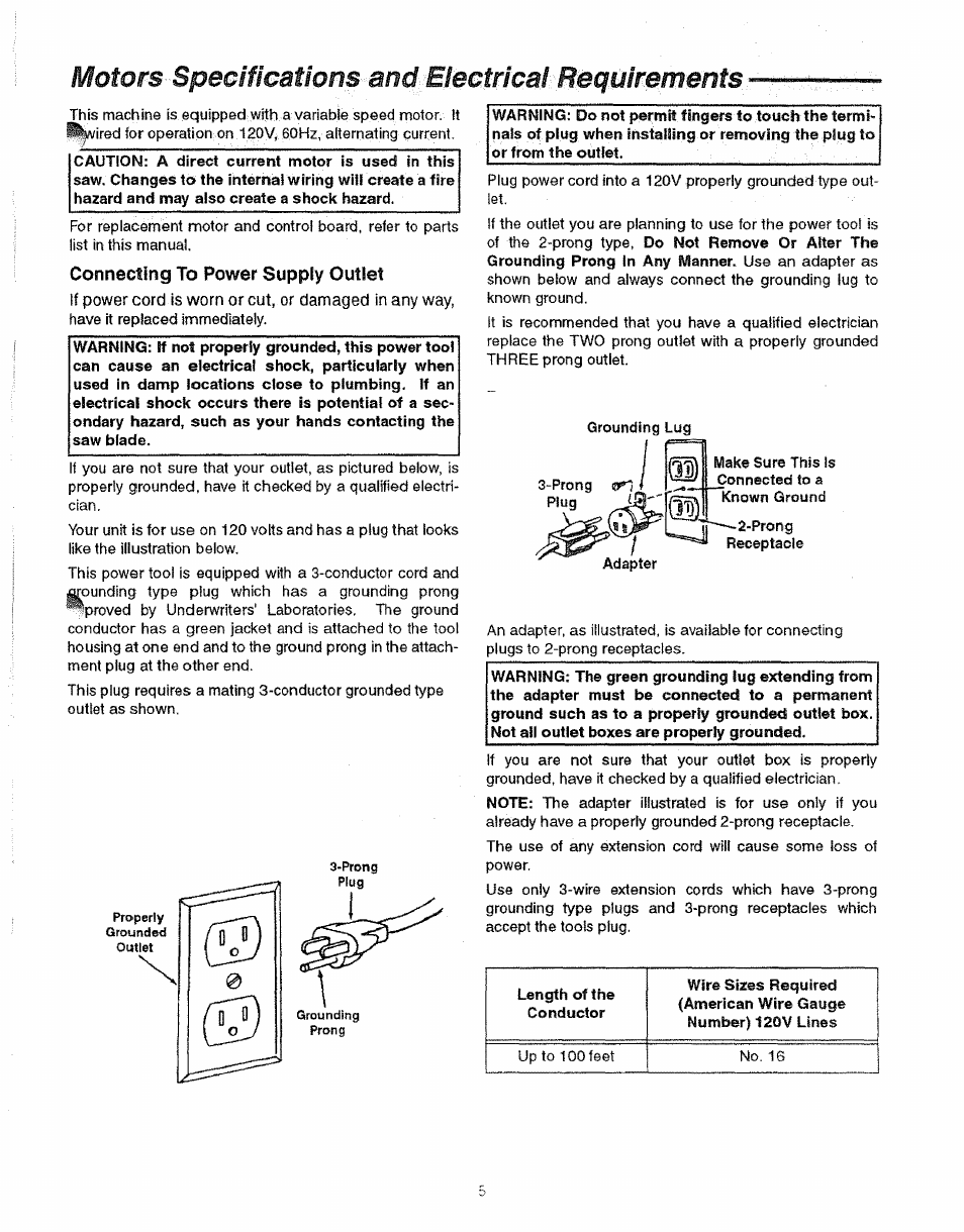 Connecting to power supply outlet, Spemfigatiom, Bbgtricat | Motors | Sears 113.23615 User Manual | Page 5 / 28