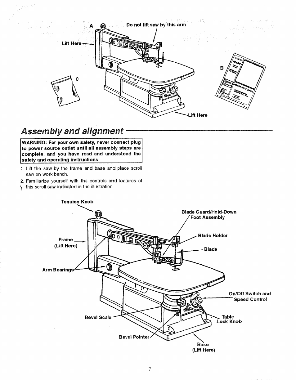 Assembly and alignment | Sears 113.23615 User Manual | Page 7 / 28