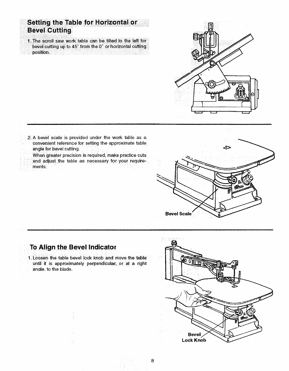 1b allgrt the bével thbibbtbr, Setting the table for horizontal or bevel cutting | Sears 113.23615 User Manual | Page 8 / 28