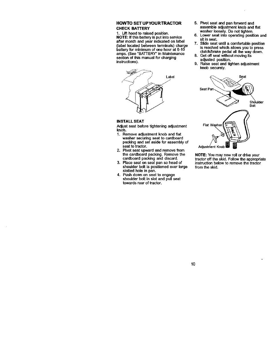 Howto set up yourtractor, Check battery, Installseat | Sears 917.275223 User Manual | Page 10 / 64