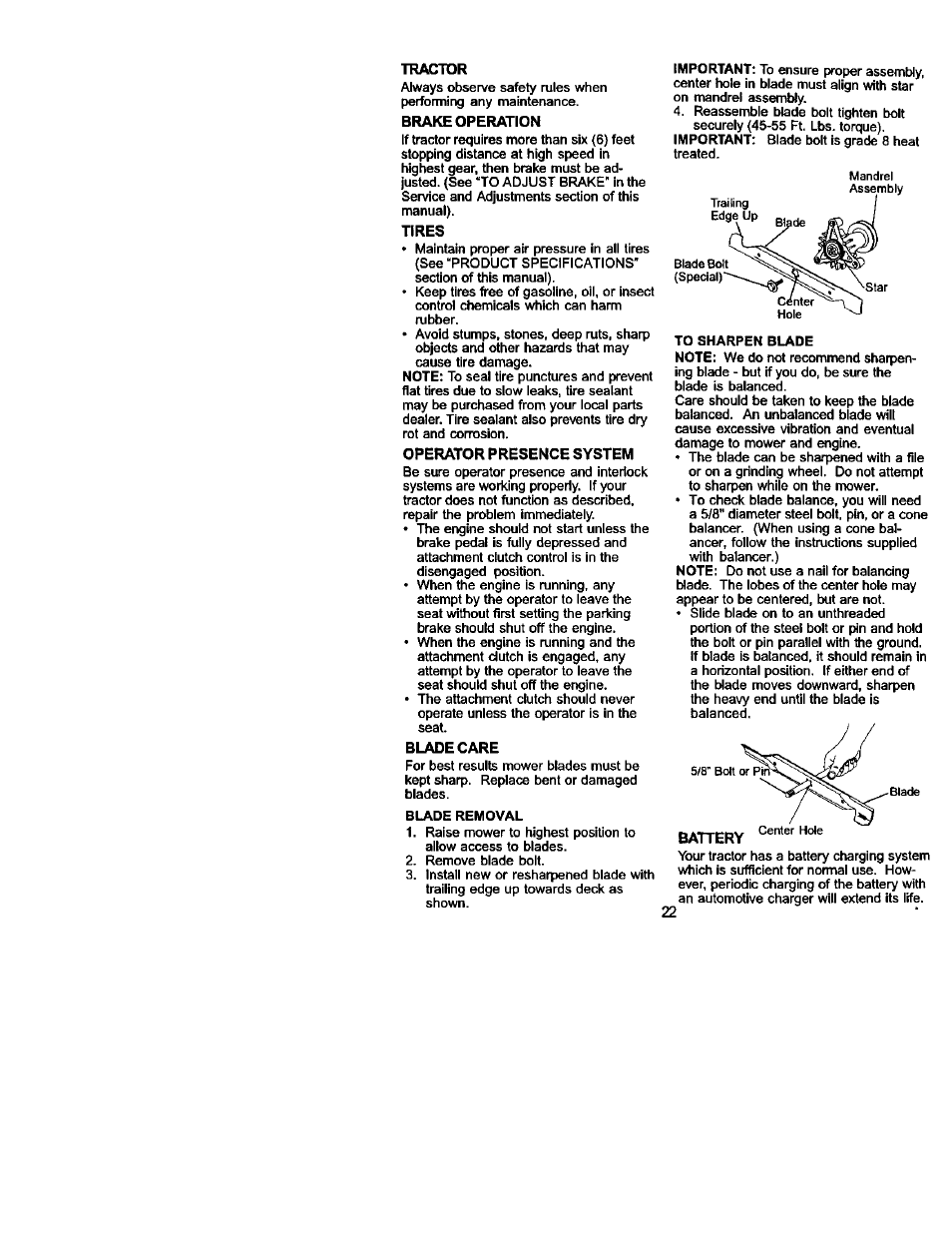 Tractor, Brake operation, Tires | Operator presence system, Blade care | Sears 917.275223 User Manual | Page 22 / 64