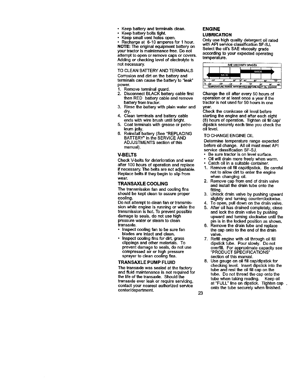 V-belts, Transaxle cooling, Transaxle pump fluid | Engine, Lubrication, I i i | Sears 917.275223 User Manual | Page 23 / 64
