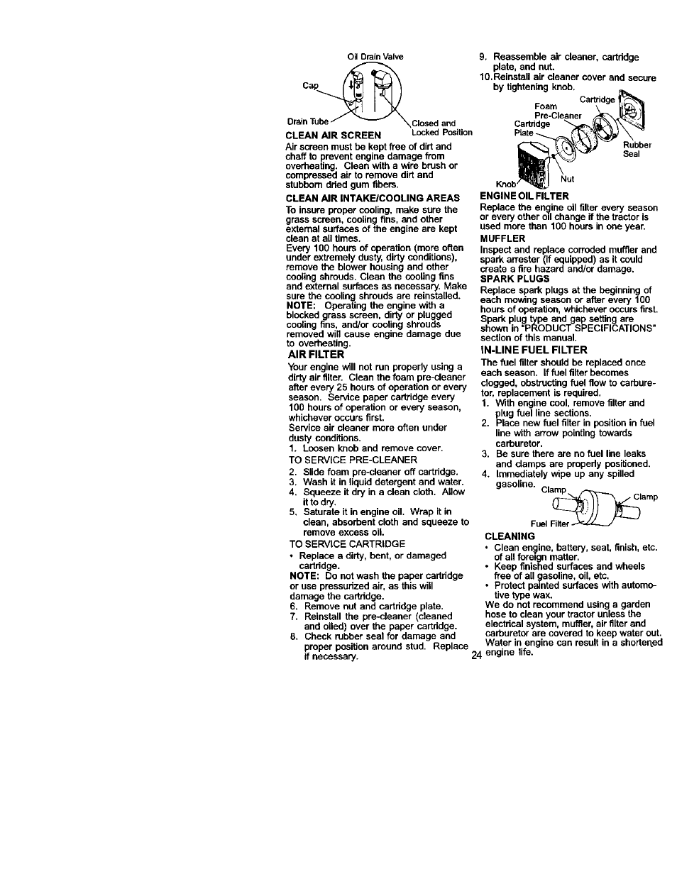 Clean air intake/cooling areas, Air filter, Engine oil filter | In-line fuel filter | Sears 917.275223 User Manual | Page 24 / 64