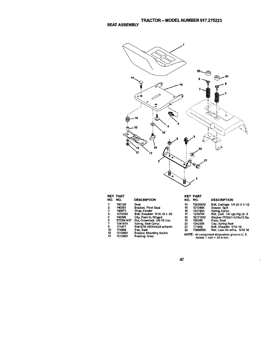 Seat assembly | Sears 917.275223 User Manual | Page 47 / 64