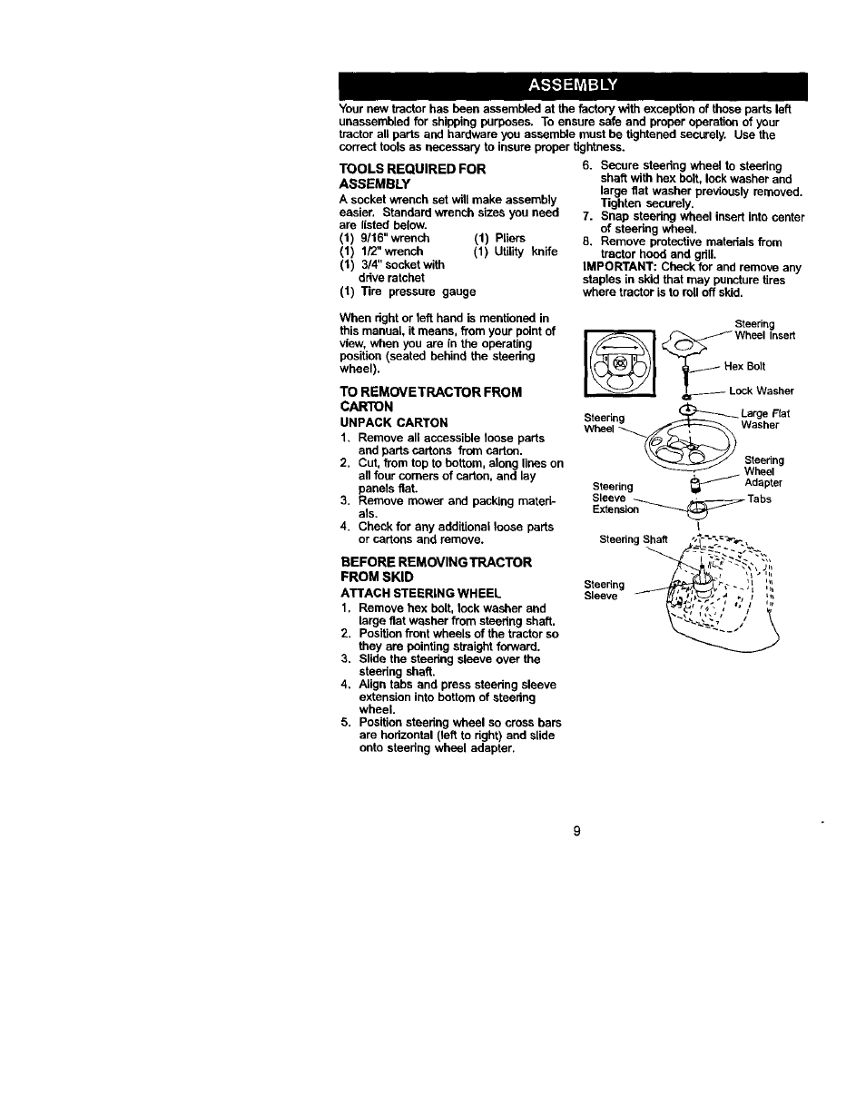Tools required for assembly, To removetractor from carton, Before removing tractor from skid | Assembly | Sears 917.275223 User Manual | Page 9 / 64