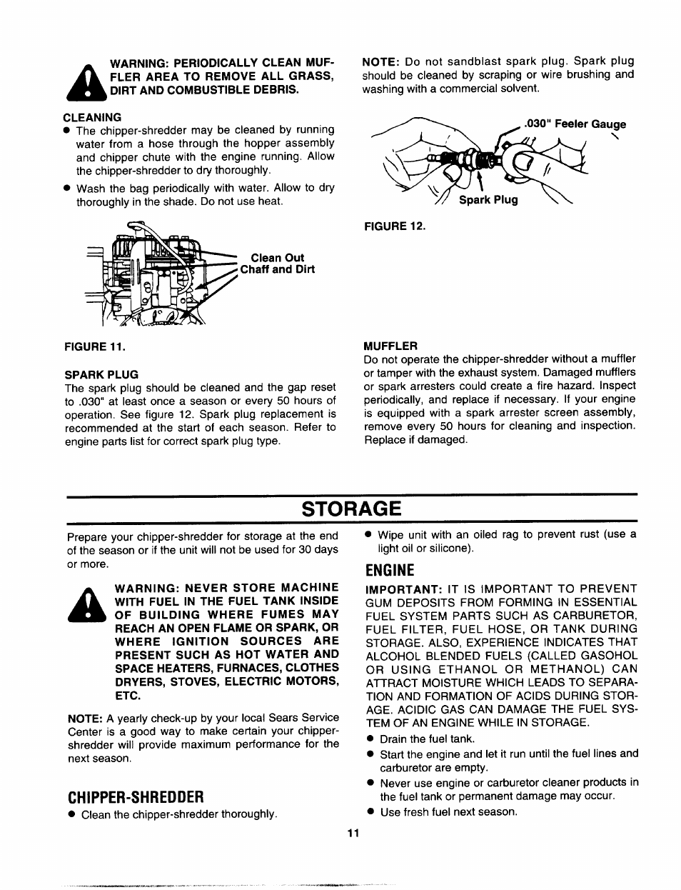 Cleaning, Spark plug, Muffler | Storage, Chipper-shredder, Engine | Sears 247.799892 User Manual | Page 11 / 21