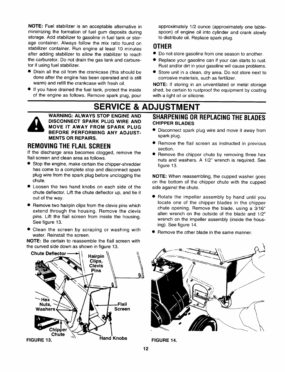 Other, Service & adjustment, Removing the flail screen | Sharpening or replacing the blades, Chipper blades, Figure 14, Service and adjustment -14, 11 w a, Chute deflector, Figure 13. hand knobs figure 14 | Sears 247.799892 User Manual | Page 12 / 21