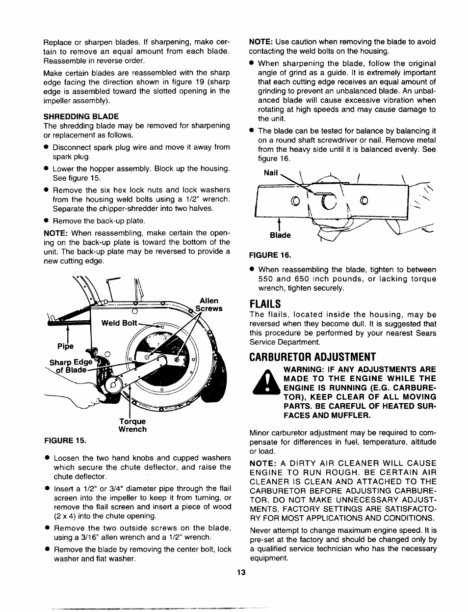 Shredding blade, Flails, Carburetor adjustment | Wrench figure 15, Figure 16 | Sears 247.799892 User Manual | Page 13 / 21