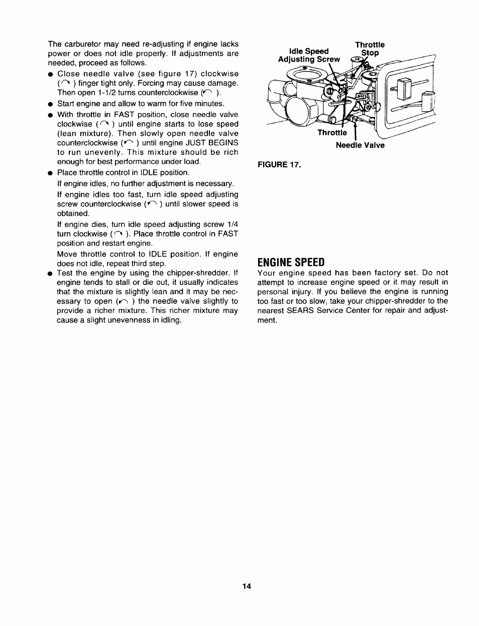 Engine speed, Throttle figure 17 | Sears 247.799892 User Manual | Page 14 / 21