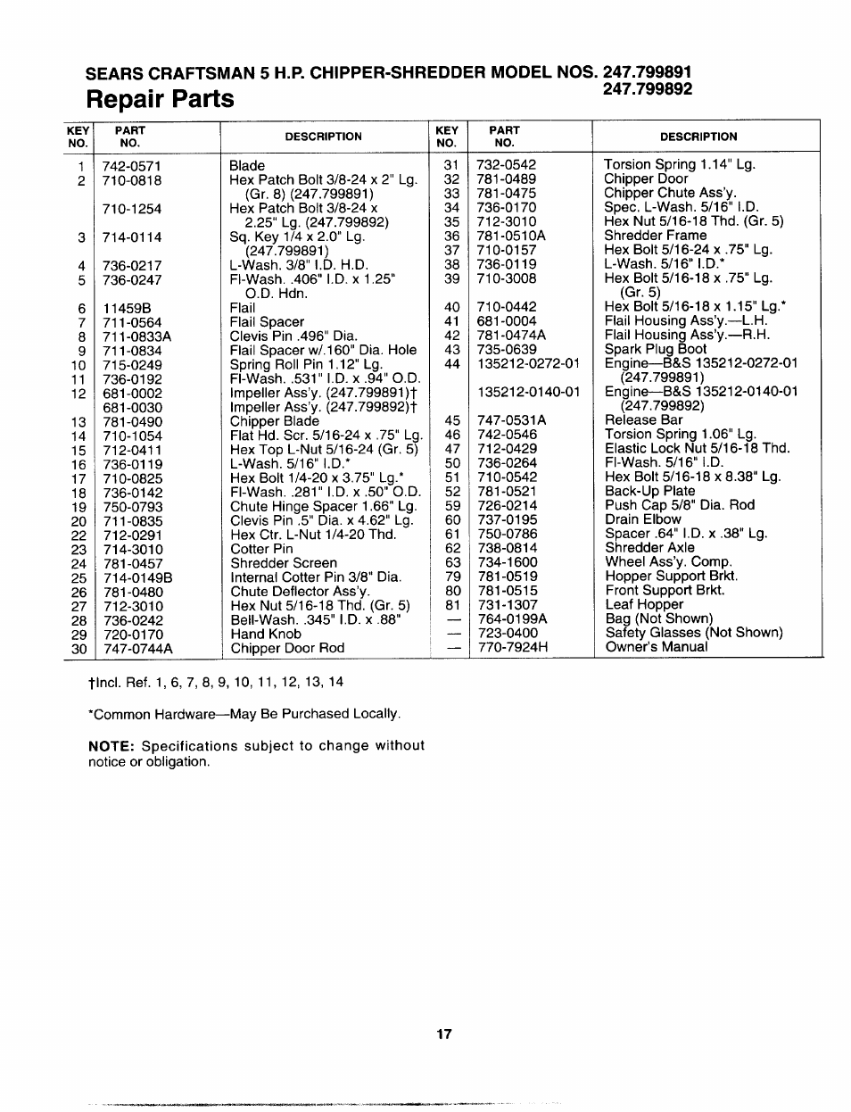 Repair parts | Sears 247.799892 User Manual | Page 17 / 21