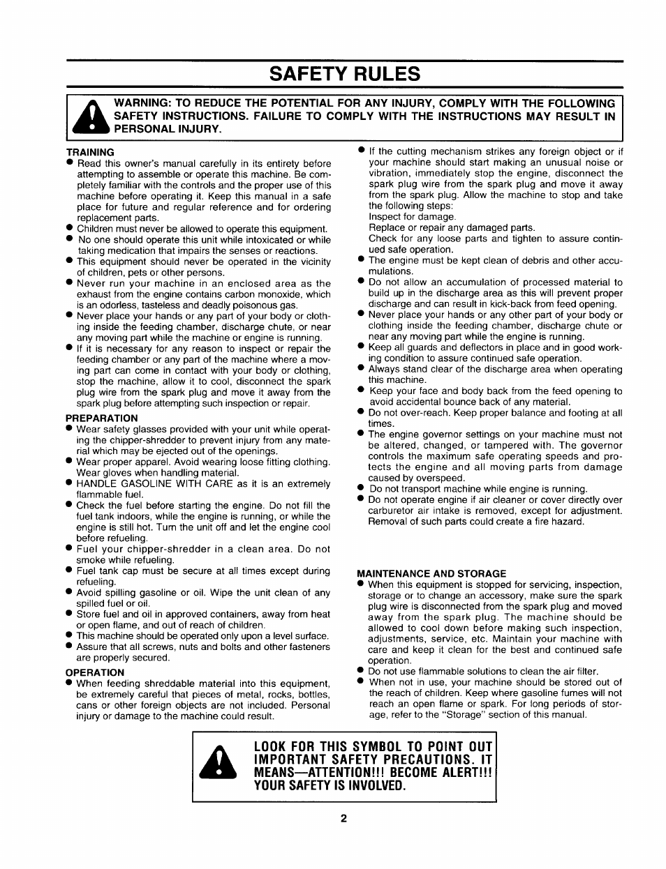 Safety rules, Training, Preparation | Operation, Maintenance and storage | Sears 247.799892 User Manual | Page 2 / 21