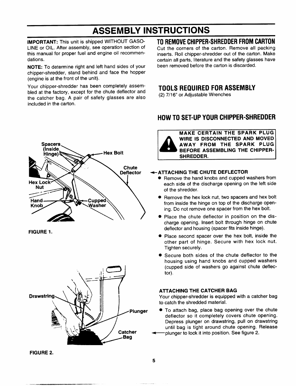 Assembly instructions, To remove chipper-shredoer from carton, Tools required for assembly | How to set-up your chipper-shredder, Attaching the chute deflector, Attaching the catcher bag | Sears 247.799892 User Manual | Page 5 / 21