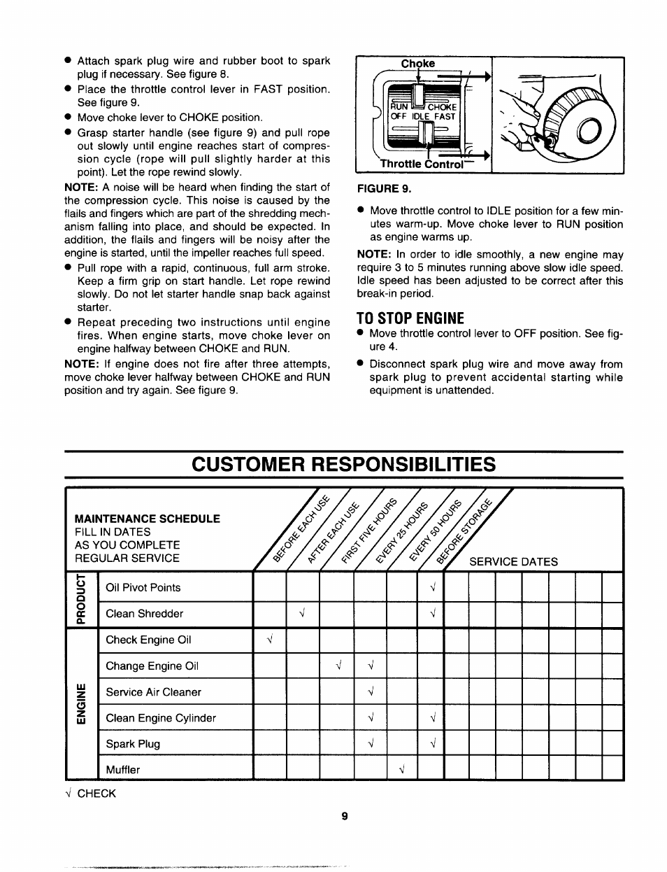 Figure 9, To stop engine, Customer responsibilities | Customer responsibilities -11, Throttle control, Choke | Sears 247.799892 User Manual | Page 9 / 21