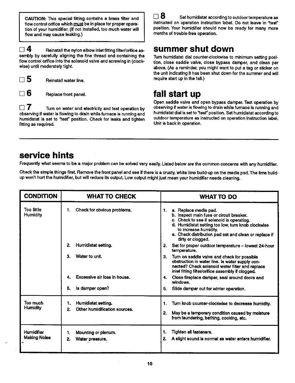 Summer shut down, Fall start up, Service hints | Sears 303.147012 User Manual | Page 10 / 13