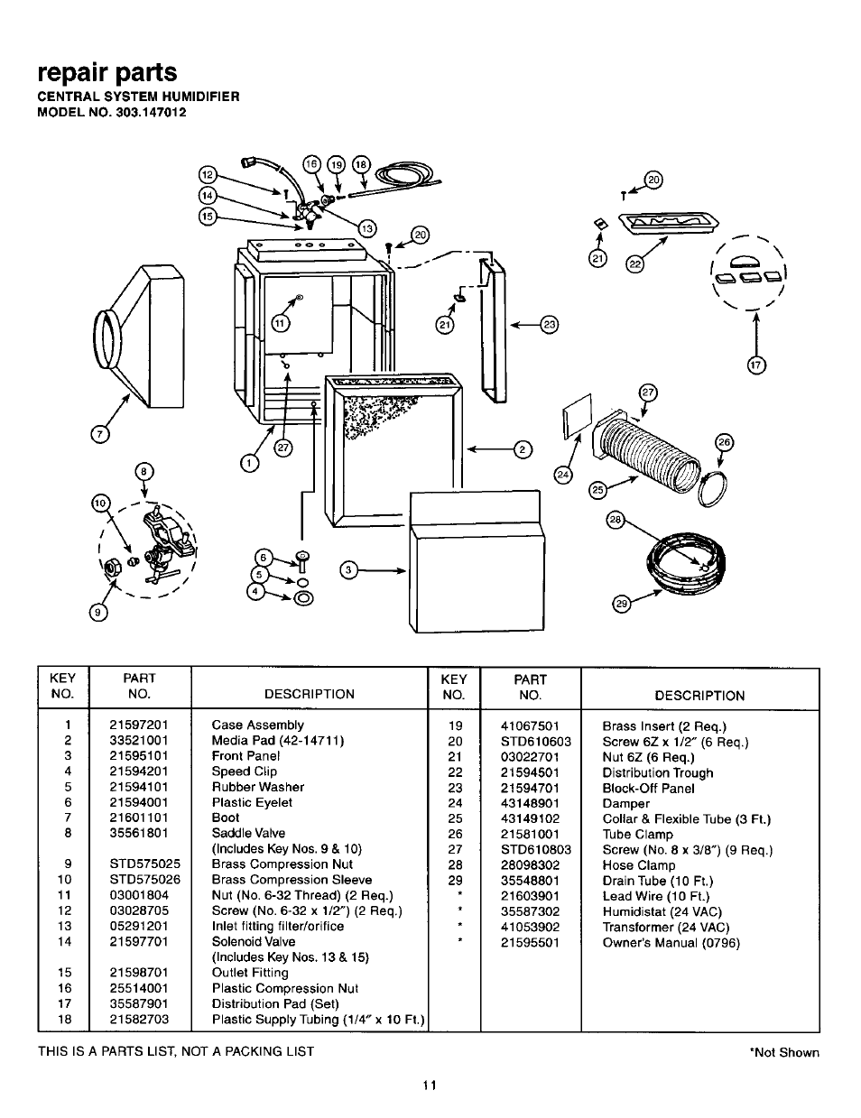 Repair parts | Sears 303.147012 User Manual | Page 11 / 13