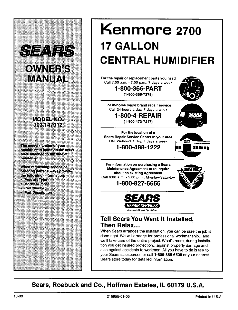 Owner’s, Manual, Model no | Kenmore 2700, 17 gallon central humidifier, 800-366-part, 800-4-repair, Tell sears you want it installed, Then relax, Eaas | Sears 303.147012 User Manual | Page 13 / 13