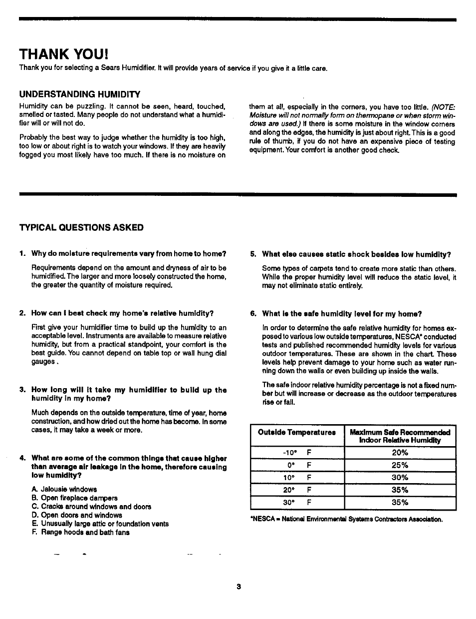 Thank you, Understanding humidity, Typical questions asked | Sears 303.147012 User Manual | Page 3 / 13