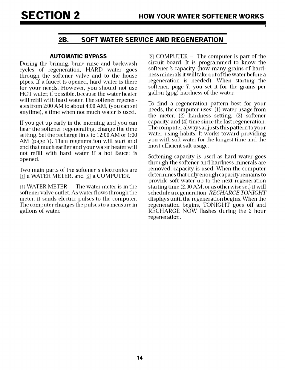 2b. soft water service and regeneration, Automatic bypass | Sears 625.34855 User Manual | Page 14 / 32