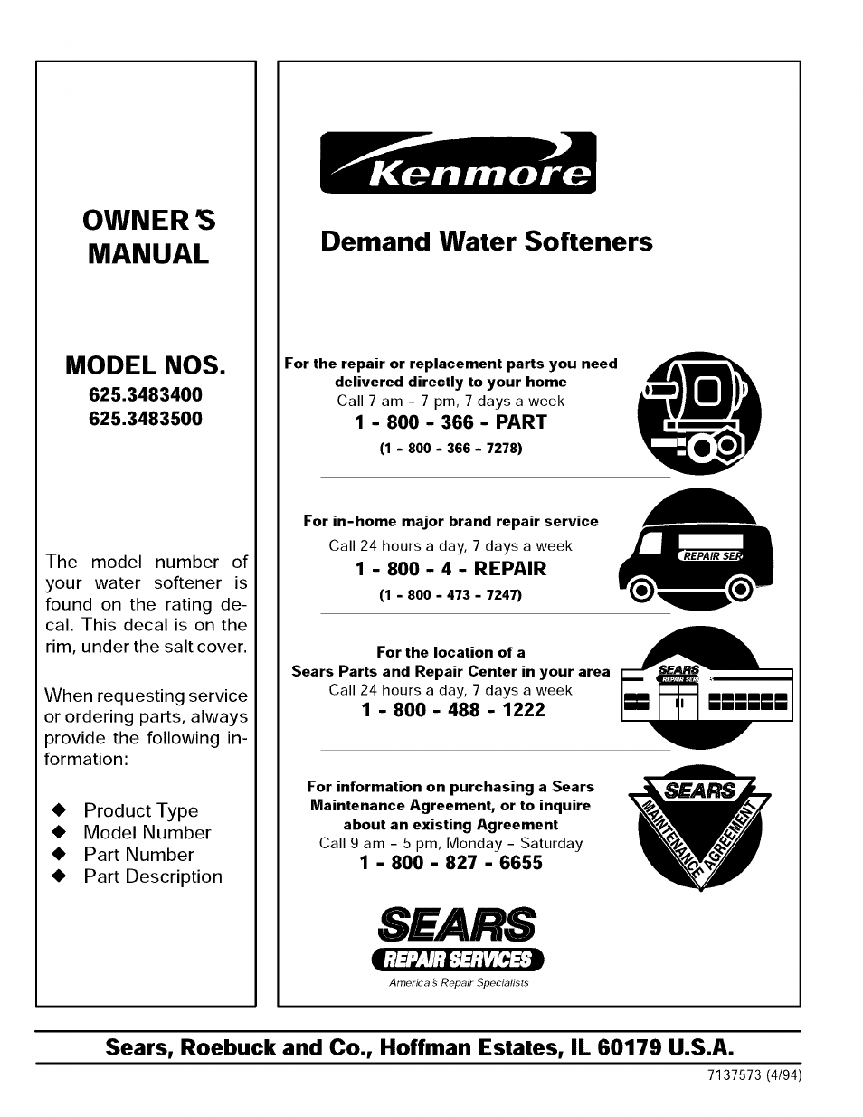 Owners, Manual, Demand water softeners | Owners manual, Model nos | Sears 625.34855 User Manual | Page 32 / 32