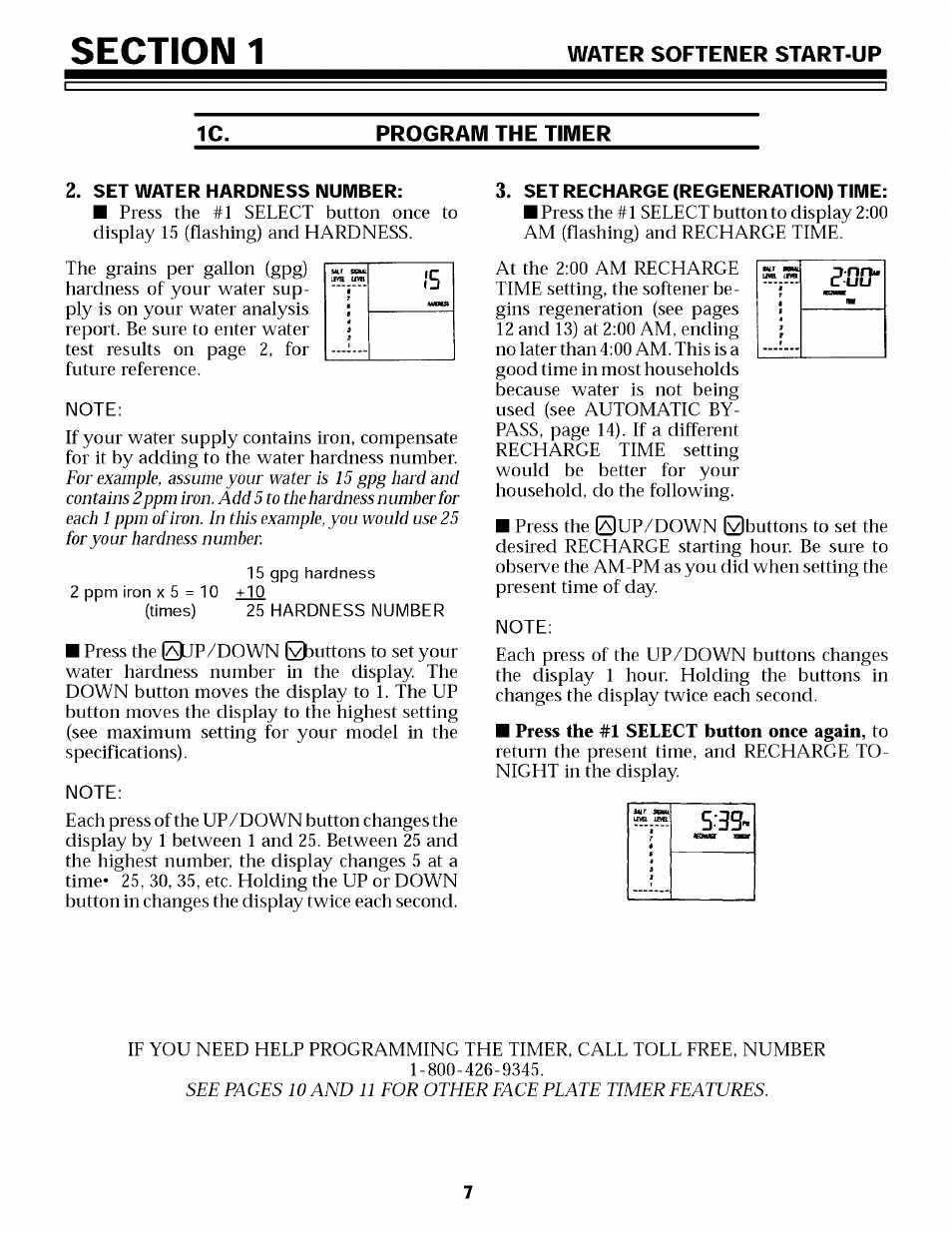 Program the timer, Set water hardness number, Set recharge (regeneration) time | Water softener start-up 1c. program the timer | Sears 625.34855 User Manual | Page 7 / 32