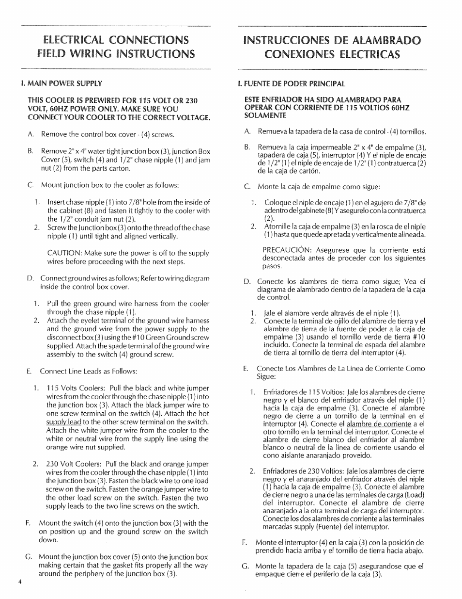 Electrical connections field wiring instructions, Instiucciones de alamiiado' conexiones electricas | Sears AeroCool PD6231 User Manual | Page 4 / 11