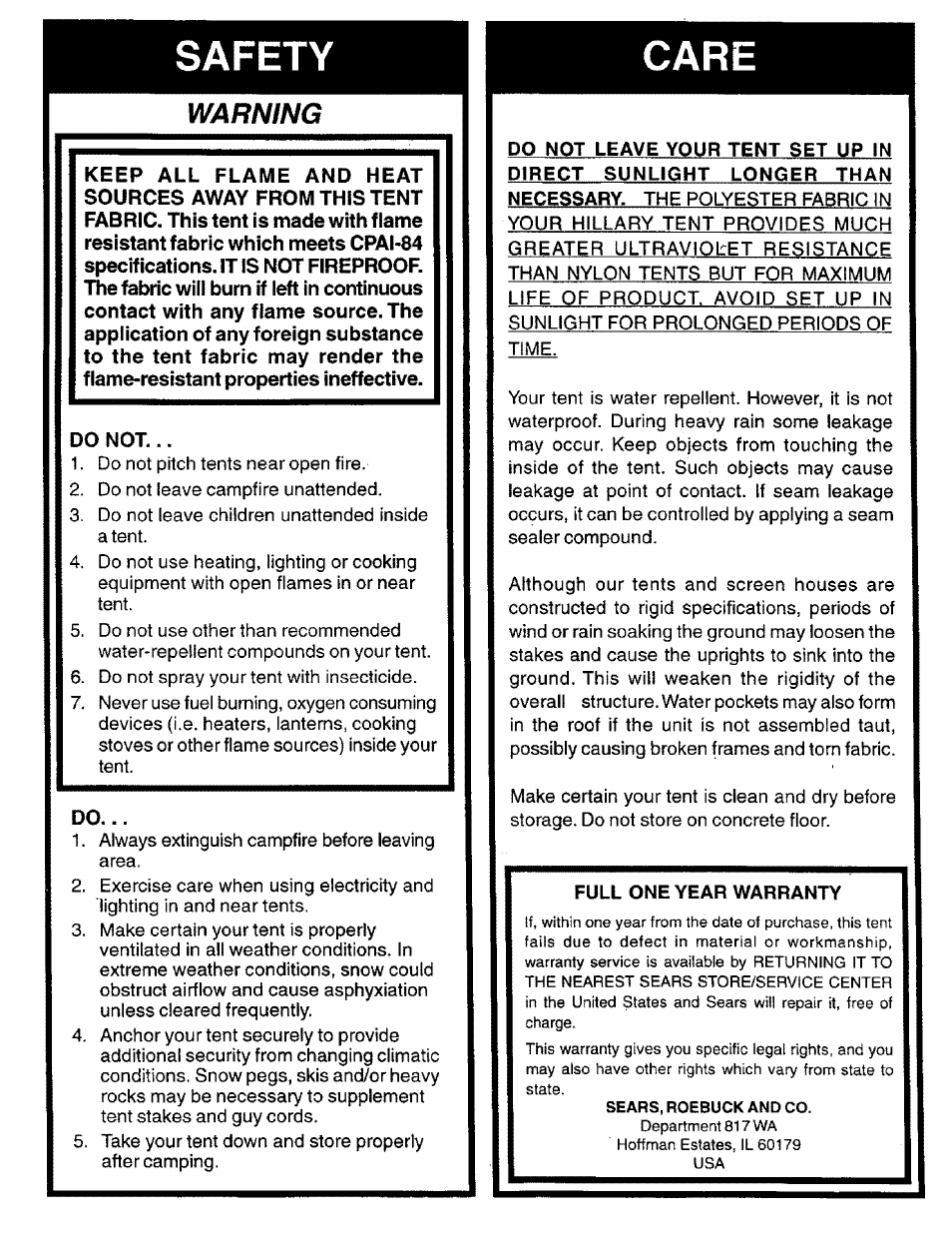 Full one year warranty, Warning | Sears 308.70002 User Manual | Page 2 / 7