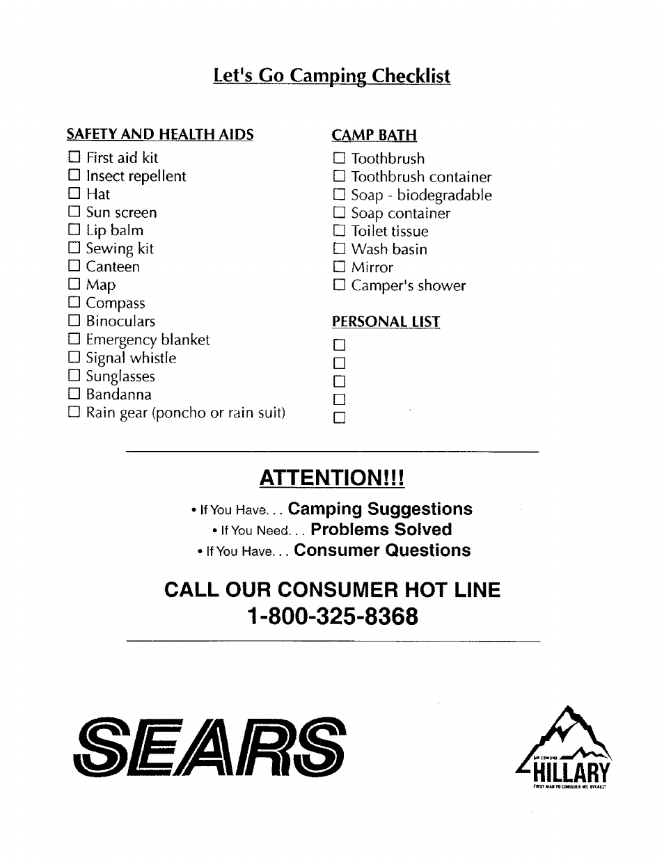 Safety and health aids, Camp bath, Hillary | Attention, Call our consumer hot line | Sears 308.70002 User Manual | Page 3 / 7