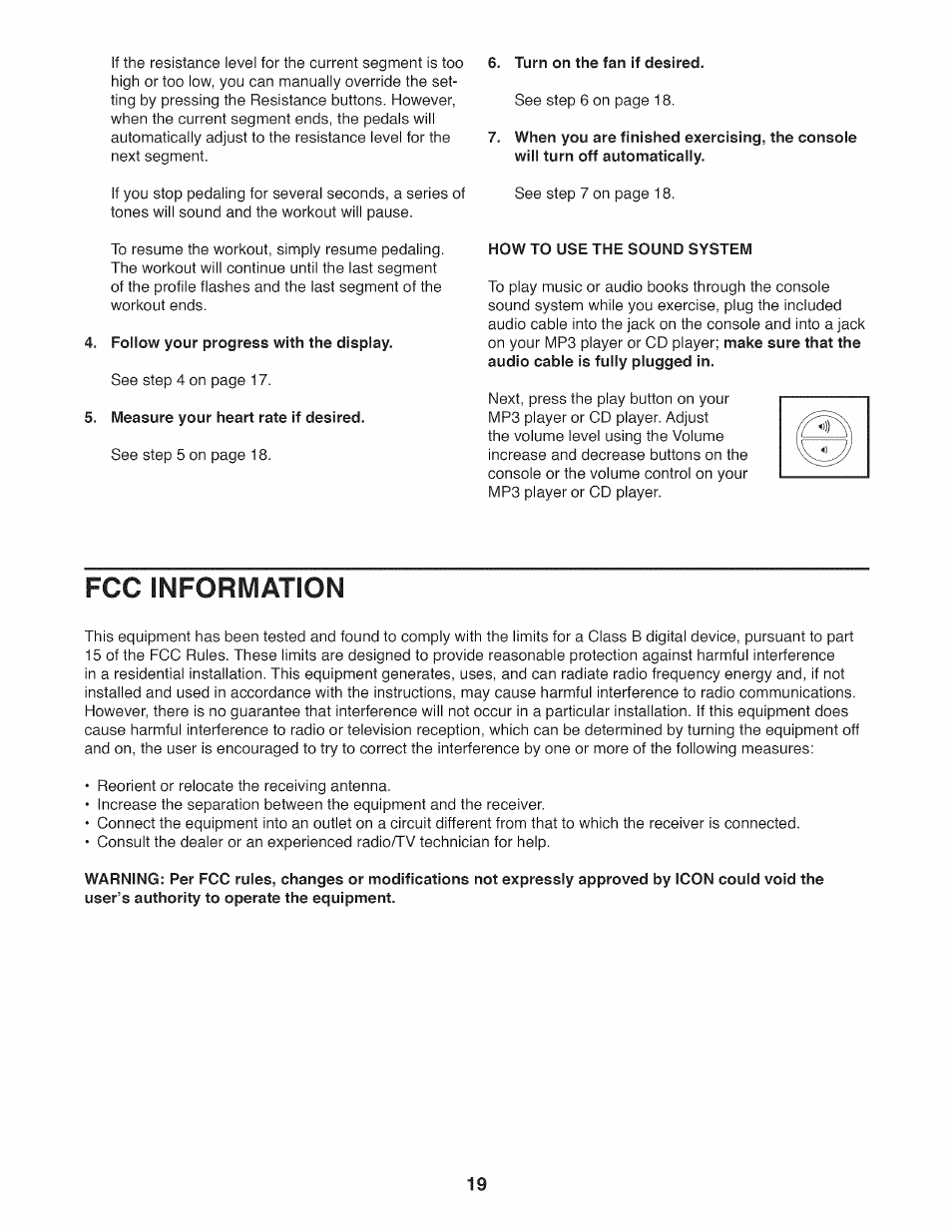 Follow your progress with the display, Measure your heart rate if desired, Turn on the fan if desired | How to use the sound system, Fcc inforiiation, Fcc information | Sears 831.23953.0 User Manual | Page 19 / 28