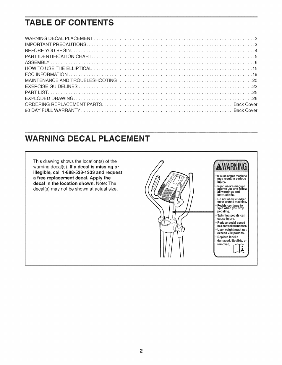 Table of contefsjts, Warning decal placeivient, Awarning | Sears 831.23953.0 User Manual | Page 2 / 28
