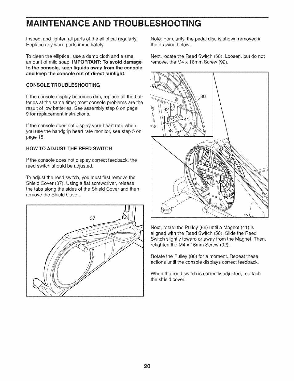 Iviaintefsjance and troubleshooting, Console troubleshooting, How to adjust the reed switch | Maintenance and troubleshooting | Sears 831.23953.0 User Manual | Page 20 / 28