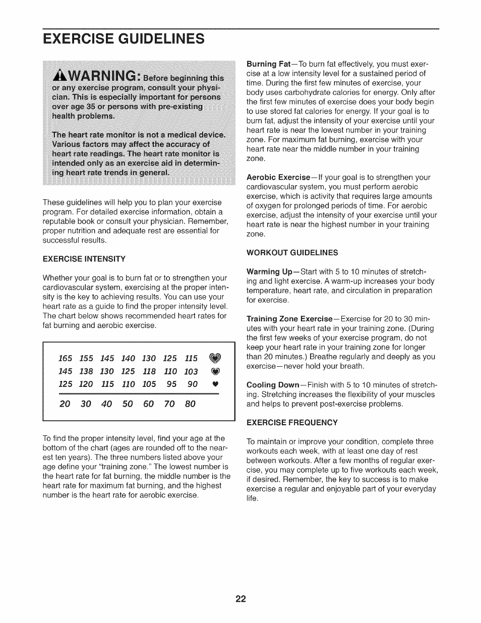 Exercise guidelines, Exercise intensity, Workout guidelines | Exercise frequency, Exercise guidelines awarning | Sears 831.23953.0 User Manual | Page 22 / 28