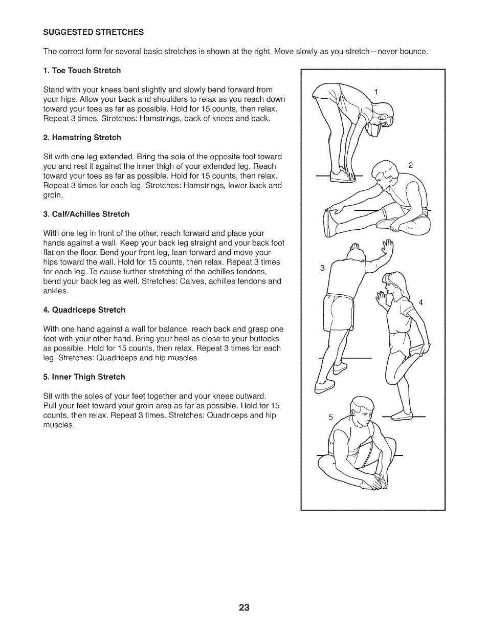 Suggested stretches, Hamstring stretch, Calf/achilles stretch | Quadriceps stretch, Inner thigh stretch | Sears 831.23953.0 User Manual | Page 23 / 28