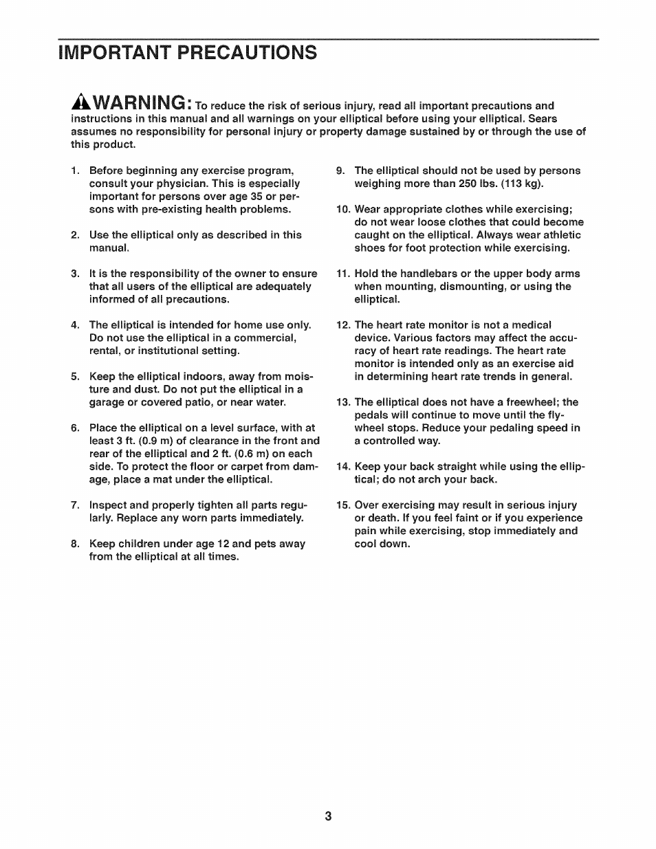 Important precautions awarning | Sears 831.23953.0 User Manual | Page 3 / 28