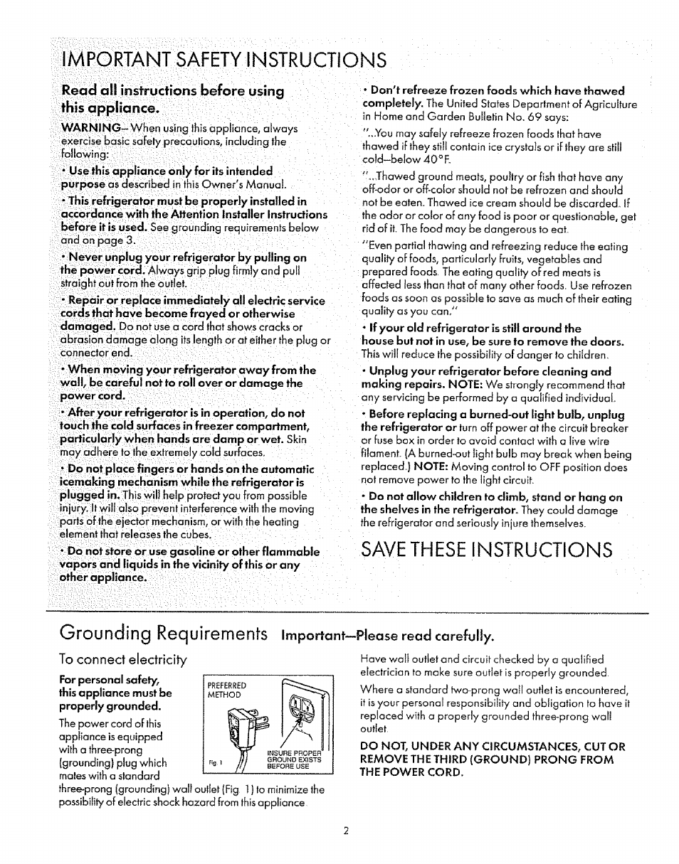 Important safety instructions, Save these instructions grounding requirements | Sears 53071 User Manual | Page 2 / 16